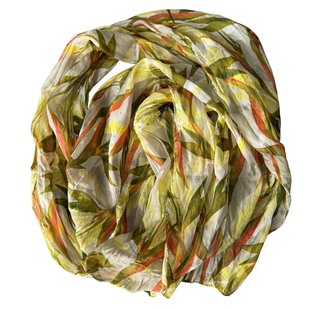 Vivante 100% Silk Scarf‎ Tropical Leaf Print Yellow Green Coral 71x20